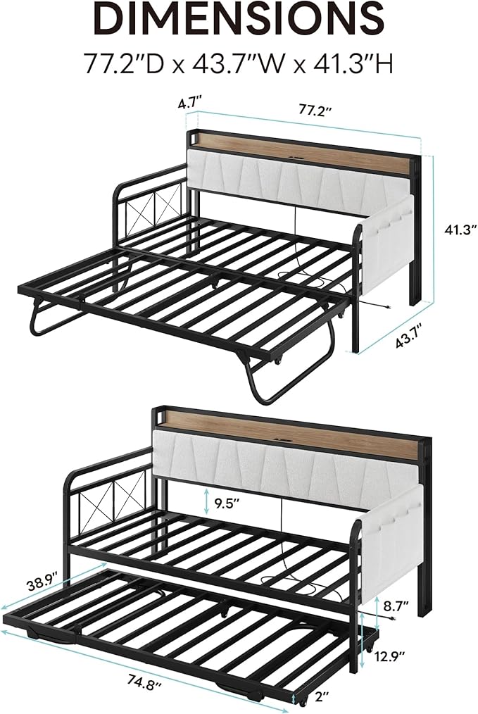 LIKIMIO Daybed with Trundle Bed, Twin Bed Frame with Storage Headboard and Charging Station, Sofa Day Bed with Strong Supports for Living Room, Bedroom, and Guest Room, Cream