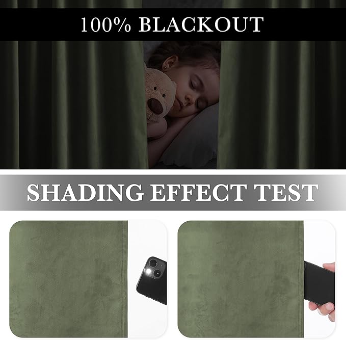 RYB HOME Blackout Velvet Curtains 108 inches Long, Total Light Blocking Room Darkening Thermal Insulated Back Tab Curtains for Nursery Bedroom, Sage Green, 52W x 108L, 2 Panels
