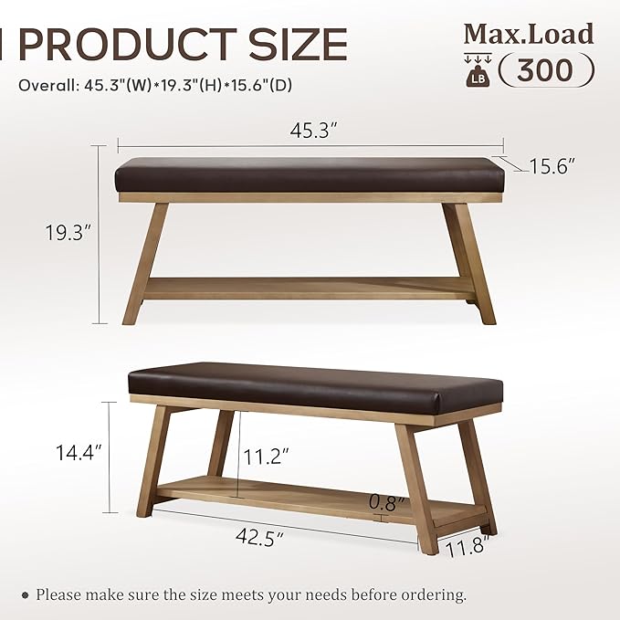 45" Entryway Bench Upholstered Storage Bench for Bedroom Shoe Rack Bench for Living Room, Hallway, Mudroom, Balcony, Sturdy Indoor Bench Seat Holds Up to 300 lbs (PU-Brown)