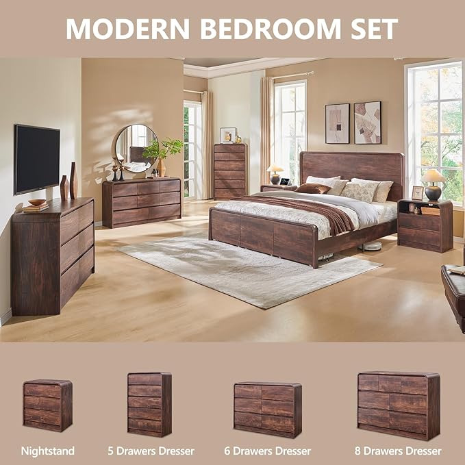 25" Tall Modern Nightstand Set of 2, 23.6" Wide Wood Bedside Table with Charging Station, 3 Storage Drawers Side Table w/Curved Profile Design,End Table for Bedroom, Living Room, Brown