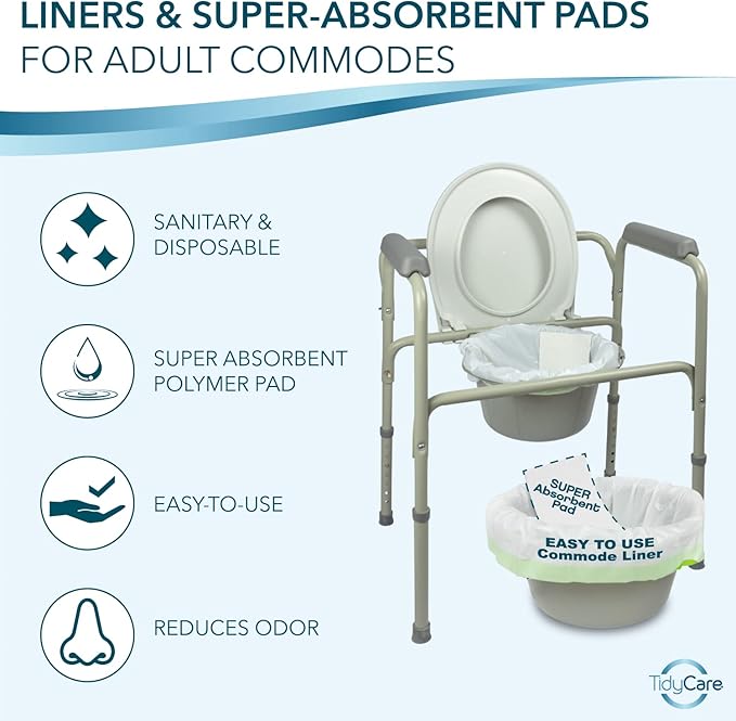 TidyCare Disposable Bedside Commode Liners and Pads for Portable Toilet Chair Seat Bucket and Bedpan | Combo Pack of 12 Waste Bags and 12 Absorbent Pads | Universal Fit