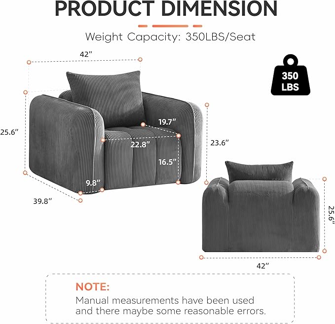 Oversized Boneless Corduroy Accent Chair, Comfy Deep Seat Armchair for Bedroom, Modern Upholstered Living Room Sofa Chair with Pillow, No Assembly, Grey