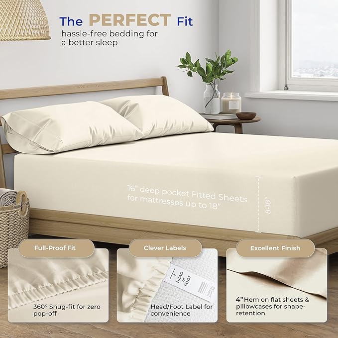 THREAD SPREAD 100% Cotton Twin Sheet Set - 400 Thread Count, 3 PC, Cooling & Luxury Sateen, 16" Deep Pocket, Breathable for Dorm Room (Ivory)
