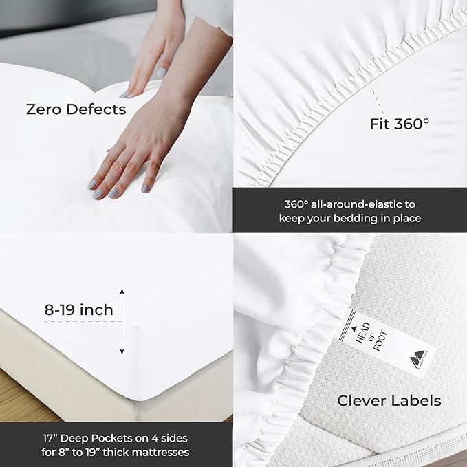 Mayfair Linen 100% Egyptian Cotton Queen Sheets Set - 2000 Series Luxury Sheets Queen Size Bed Set, Soft & Cooling, Sateen Weave 17" Extra Deep Pocket Hotel Collection Sheet (4 Pc, White)