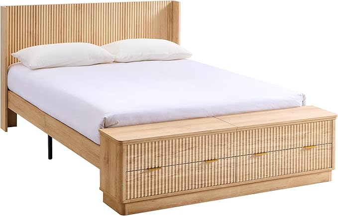 T4TREAM Fluted Queen Size Bed Frame with Wingback Headboard, Footboard Storage Bench with Built-in Drawers & Lift-Up Compartments, Wood & Steel Platform Bed, No Box Spring Needed, Natural Oak