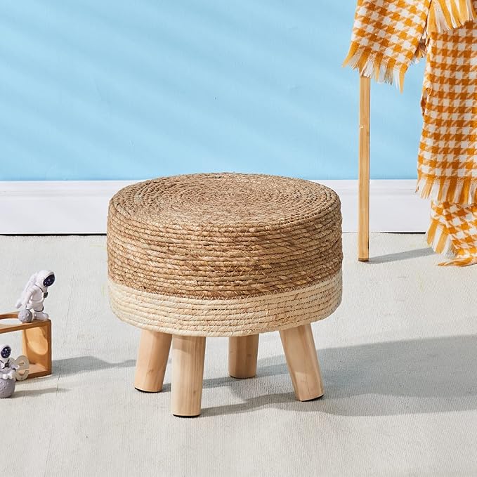 Wimarsbon Round Foot Stool Natural Seagrass Poufs Ottoman Hand Weave Footrest Stool for Couch Desk Extra Seat Step Stool with Solid Wood Legs for Hallway Patio Lounge White