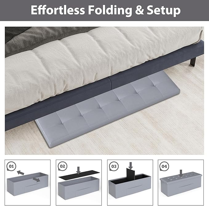 Giantex 43 Inches Folding Storage Ottoman Bench, Upholstered PU Leather Storage Chest with Side Pocket, Padded Seat, End of Bed Bench, Collapsible Ottoman Foot Rest for Living Room, Bedroom & Entryway