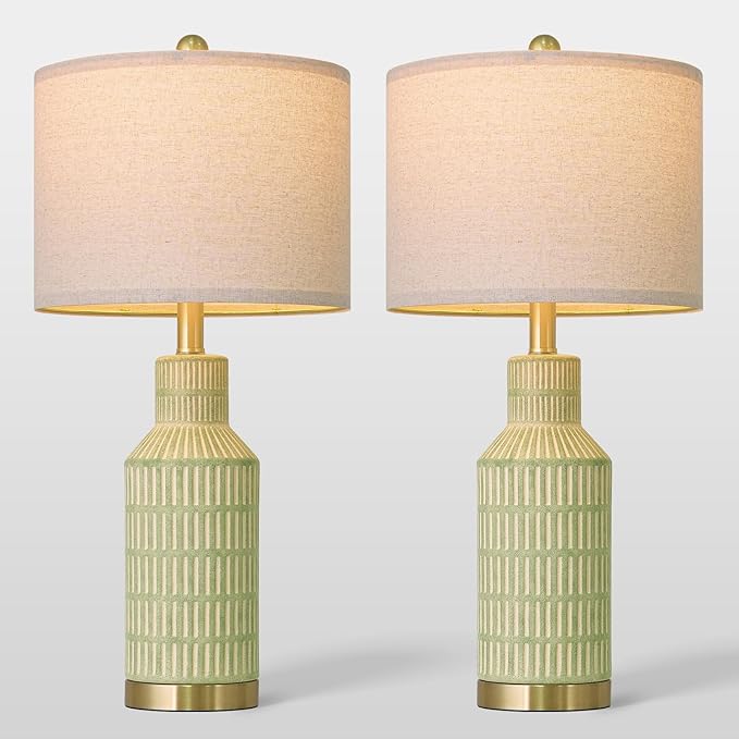 25" Green Ceramic Table Lamp - Modern Bedside Nightstand Lamp, Easy Assembly Twist Knob Switch for Bedroom Living Room Home Office Decor (Bulb Not Included)