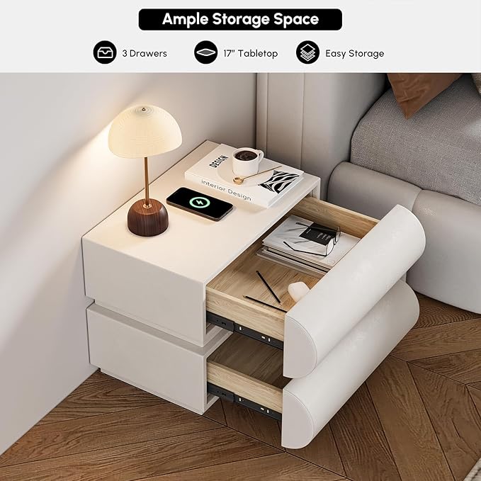 homary Smart Nightstand with Wireless Charging, USB & Type-C Ports – Modern Off White Faux Leather Nightstand with 2 Drawers, Bedside Table with Charging Station for Bedroom