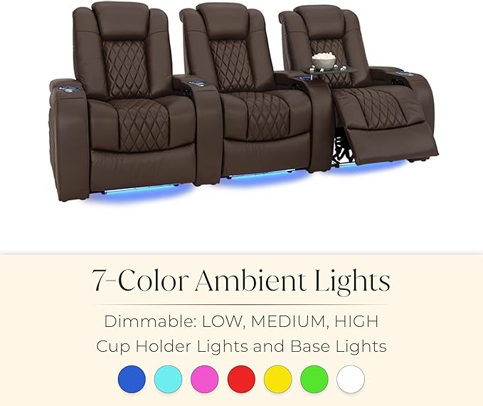 Seatcraft Diamante Zero-Gravity CoolZero Italian Leather Home Theater Seating, Power Headrest, Power Recline, Row of 3, Brown