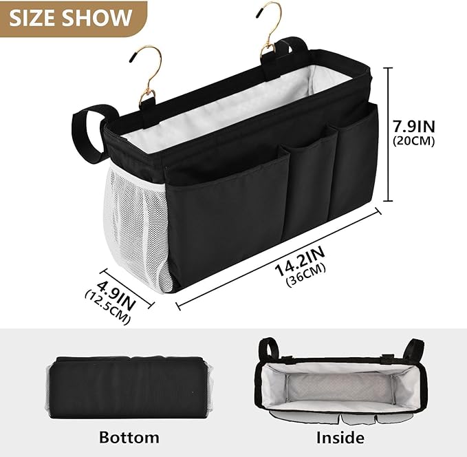 KOPIRIT Black Bedside Caddy Storage Bag Bedside Organizer for Bed Rails College Dorm Room Organizer Caddy Hanging Shelf 6 Pockets with Hooks for Drinks Magazine Phone Holder
