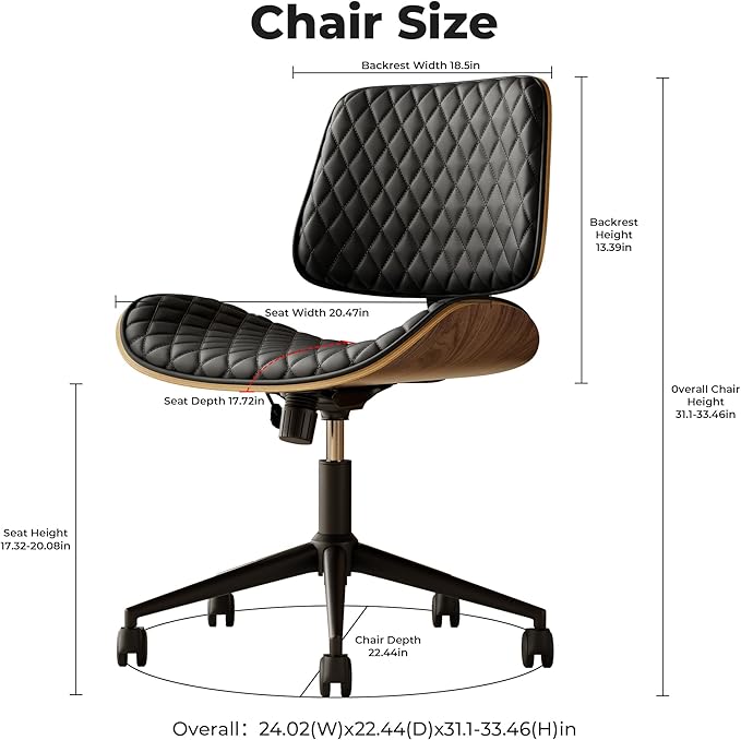 Home Office Desk Chair with Wheels, Armless Adjustable Height PU Leather Office Chair, Mid Back Ergonomic Computer Chair, Walnut Curved Seat Design No-Arm Chair (All-Black)