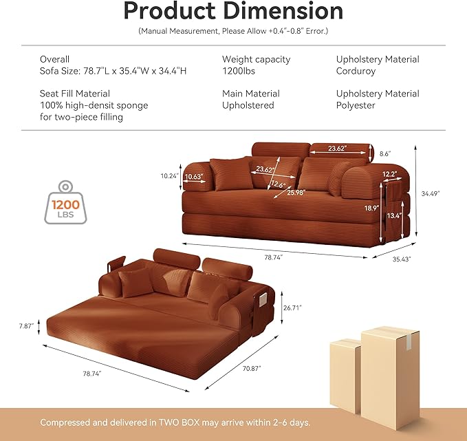 Upgrade High Backrest Design Sofa Bed with Fixed-Shape Frame & Removable Armrests and Backrest, Corduroy Fabric, Convertible Mattress Couch for Small Spaces - No Assembly Needed (High Backrest Orange)