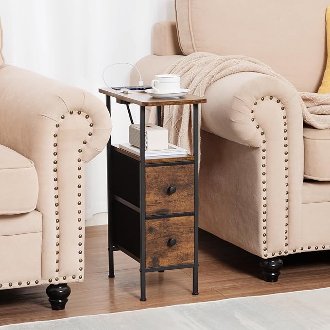 LOAKEKEL Narrow End Table Living Room with Charging Station, Skinny Side Table with Fabric Drawers, Slim Nightstand for Bedroom, Small Spaces, Couch, Brown, HETNDP02BR-1