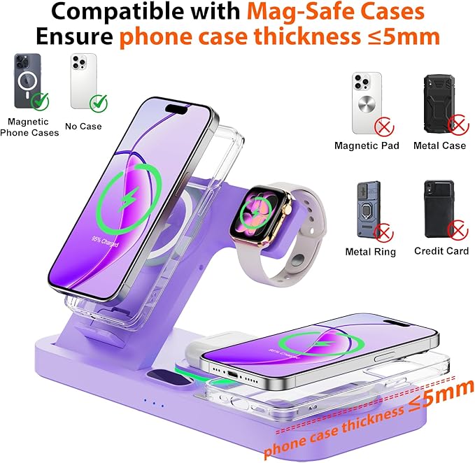 Dual Phone Magnetic Wireless Charging Station for Apple Devices/Apple Ecosystem,with Auto-Switch 7-Color Light & Clock, Compatible with iPhone 17/16/15, for iWatch 11/10/9 & AirPods Pro3（Puple