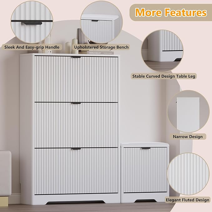 Slim Shoe Cabinet with Bench for Entryway, Hidden Storage and Adjustable Shelves, Free Standing Wooden Shoes Organizer for Foyer, Hallway