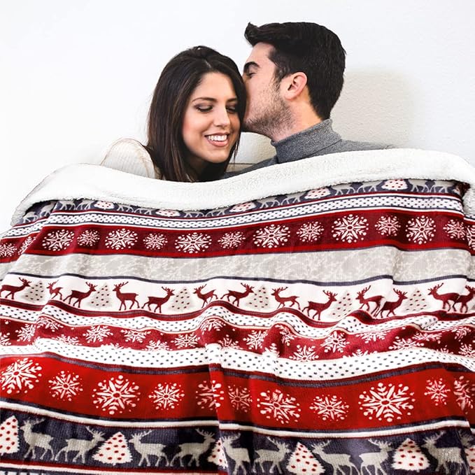 PAVILIA Christmas Sherpa Throw Blanket, Red & White Snowflake, Reindeer, Reversible Fleece & Sherpa Cozy Winter Blanket for Couch & Bed, 50x60, Christmas & Holiday Decor