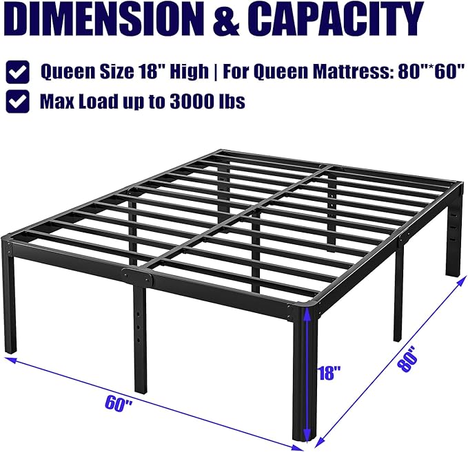Hunlostten 18in High Queen Bed Frame No Box Spring Needed, Heavy Duty Metal Platform Bed Frame Queen Size with Round Corners, Easy Assembly, Noise Free, Black