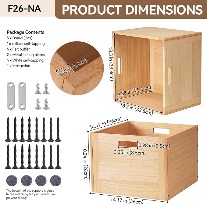 KIRIGEN Stackable Wood Storage Cube /Basket/ Bins Organizer for Home Books Clothes Toy Modular Open Cubby Storage System - Office Bookcase Closet Shelves F26-NA