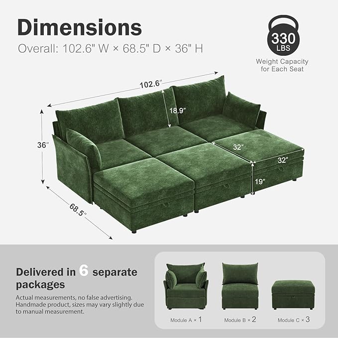 ABCASA 102.6" Luxury Modular Sleeper Sofa Bed 6 Seat Reversible Sectional Couch Deep Seat with Storage Chaises Removable Cover for Living Room, Apartment - Chenille Green