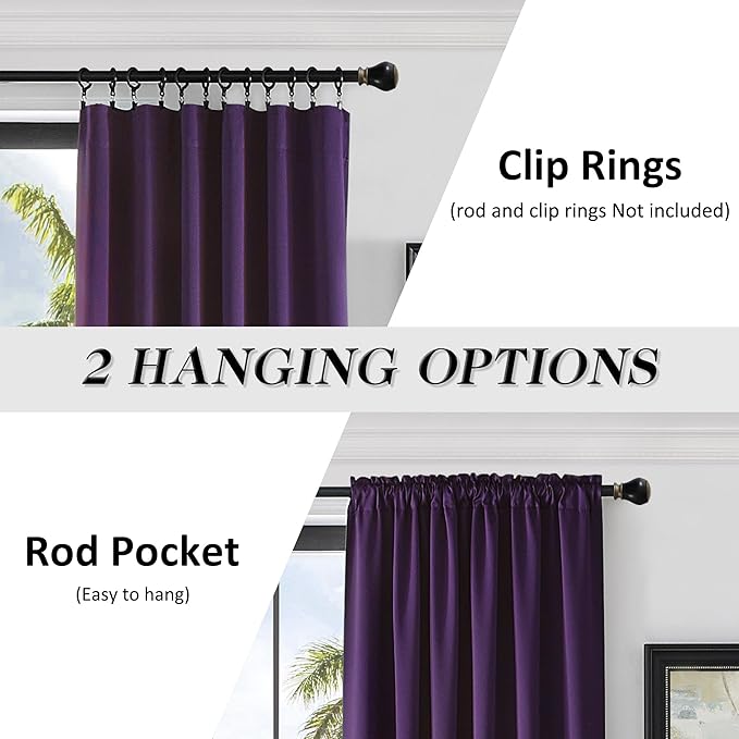 DONREN Royal Purple Blackout Curtains for Bedroom - Thermal Insulated Rod Pocket Curtains for Living Room (52 x 90 Inch Length,1 Pair)