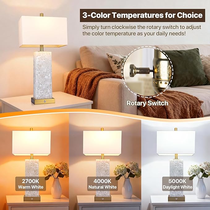 2-Pack 25.6" Alabaster Lamps, Marble Lamp Nightstand Lamps Set of 2, 3-Color Temperatures Bedside Lamps with Nightlight, Modern Table Lamp with USB Ports for Living Room Bedroom Hotel, Bulbs Included
