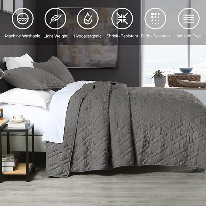 HORIMOTE HOME Quilt Set Queen Size Grey, Classic Geometric Diamond Stitched Pattern, Microfiber Ultra Soft Lightweight Bedspread Coverlet for All Season, 3 Piece Includes 1 Quilt and 2 Shams