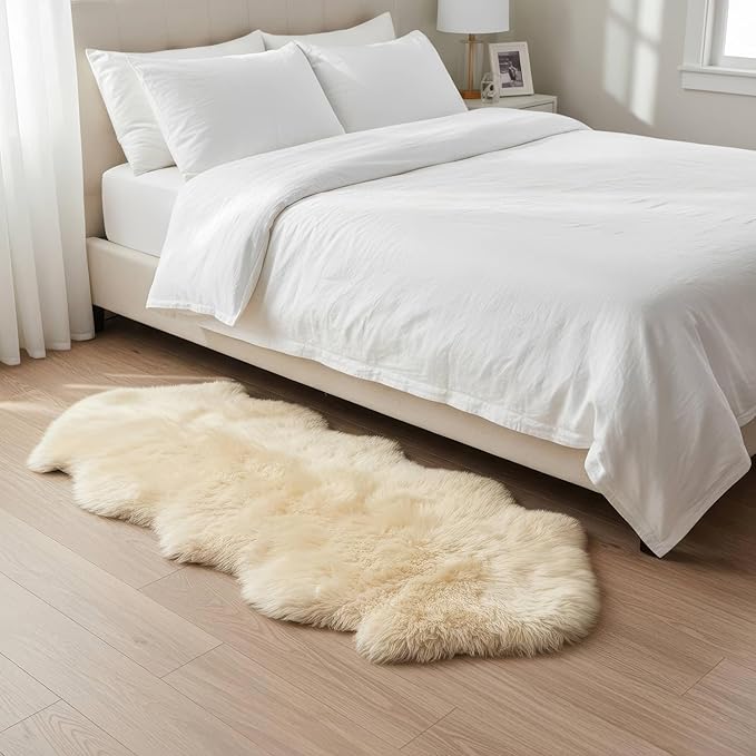 Premium Champagne Sheepskin Rug Genuine Double 2x6ft Pelt Fluffy Fur Rug for Bedrooms