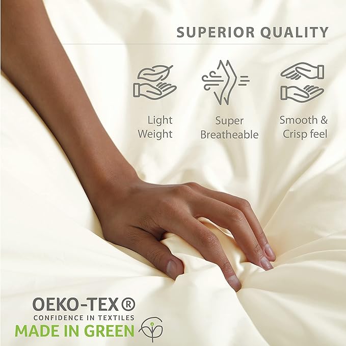 Linen Home 100% Cotton Percale Sheets California King Size, Ivory, Deep Pocket, 4 Pieces Set - 1 Flat, 1 Deep Pocket Fitted Sheet and 2 Pillowcases, Crisp Cool and Strong Bed Linen