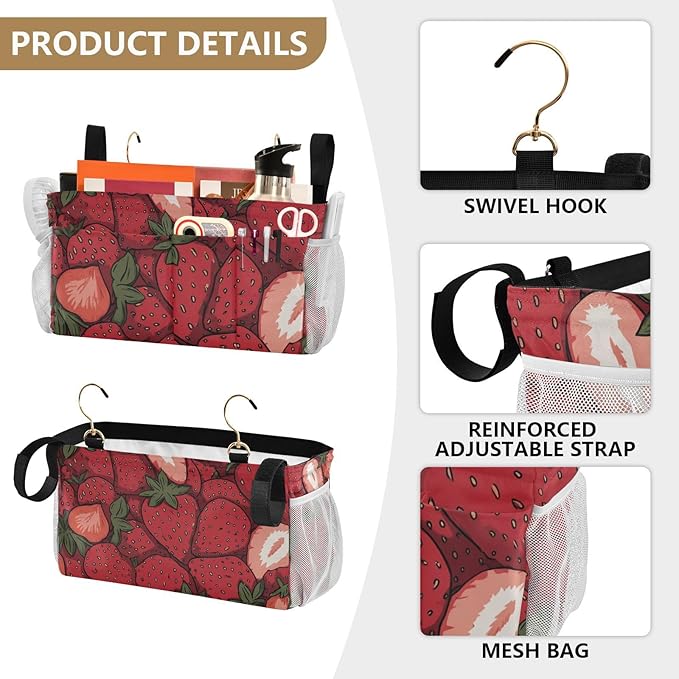 Bedside Caddy Hanging Bunk Bed Caddy Bed Organizer Hanging Pocket with 2 Hooks Bedside Storage Organizer Pocket Bag Holder Cartoon Red Strawberry