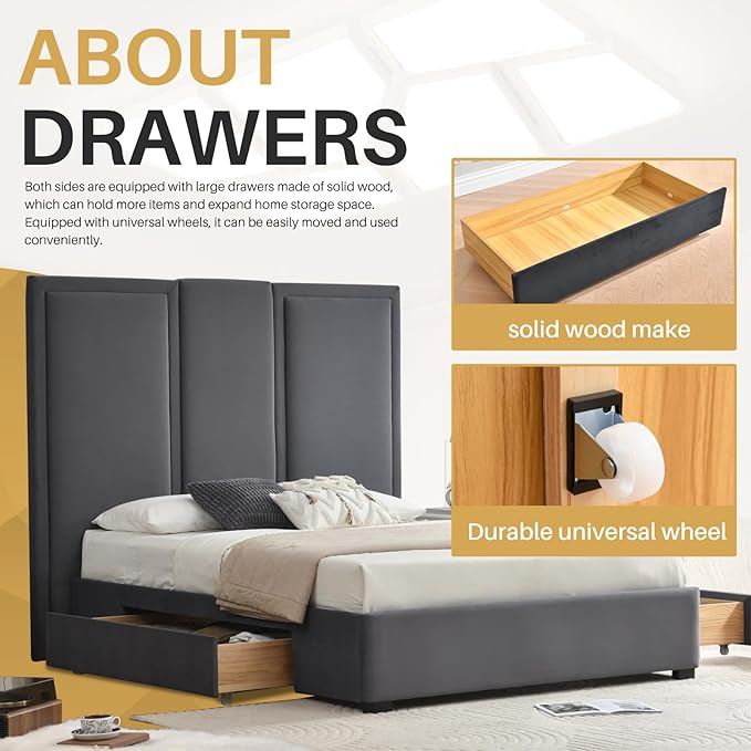 YUHUASHI Queen Size Bed Frame with 64-inch High Headboard, Simple and Airy Linen Upholstered Platform Bed with Storage Drawers, Wood Slat, No Noise (Grey, Queen (U.S. Standard))