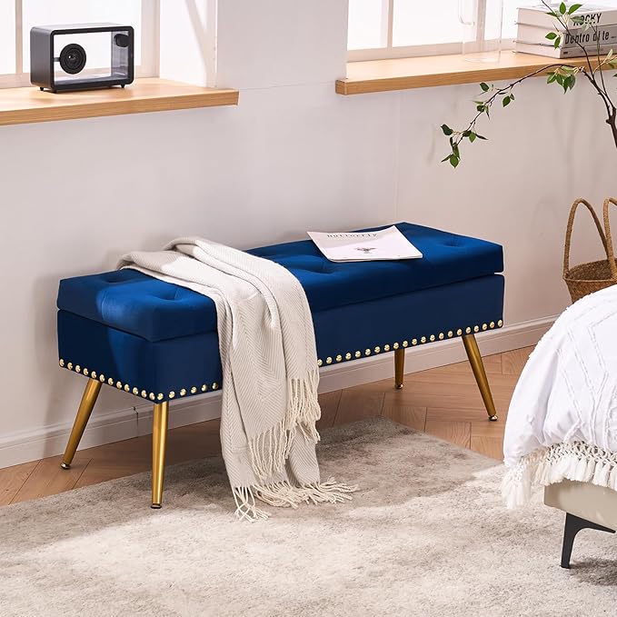 Velvet Storage Bench with Gold Legs& Nailhead Trim, 40" Wide Upholstered Modern Bedroom Bench for End of Bed, Tufted Ottoman for Entryway Living Room Dining Room (Navy Blue, 40" Wide)