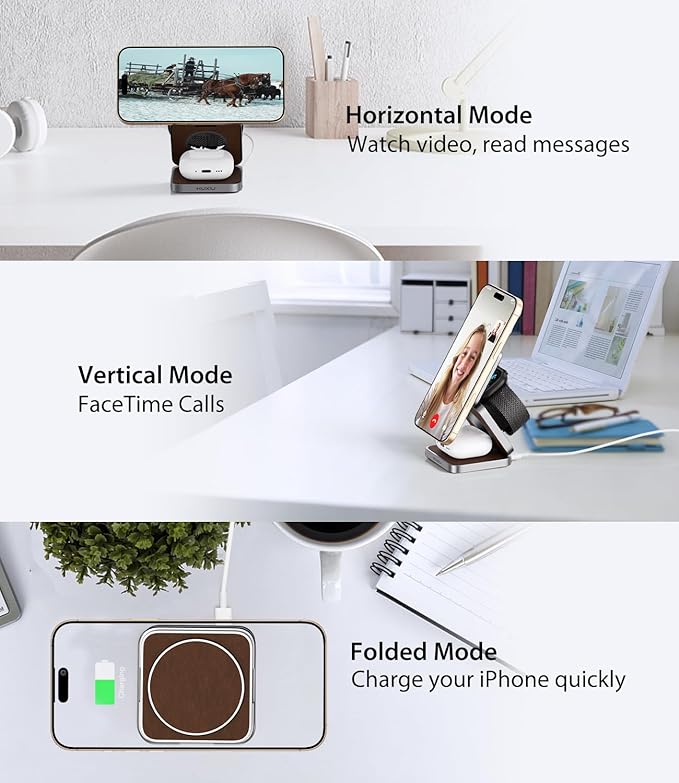 Foldable Magnetic Wireless Charger, KU XIU Aluminum Alloy 3 in 1 Charging Station for Apple, Fast Charging Travel Charger for iPhone 17 16 15 14 13, 5W for Apple Watch Ultra, AirPods, Leather Texture