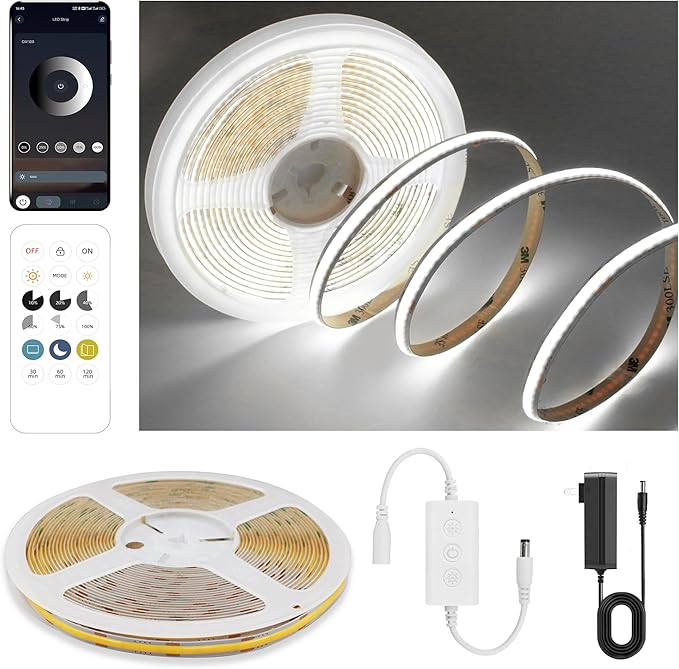 COB LED Strip Lights Cool White,24V Dimmable led Light Strip KIT with Remote and app Control,6000K 9.84FT/3m 8mmwide Ra>90 Cuttable Flexible Strip Lights for Bedroom,Wardrobe,Cabinet