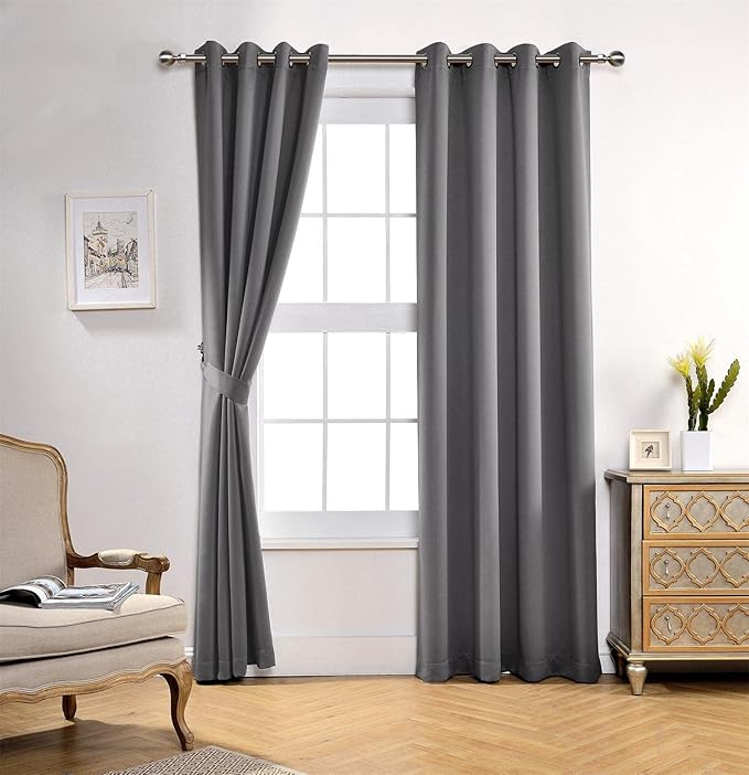 MIUCO Room Darkening Soild Grommet Window Blackout Curtains Two Panels for Bedroom 52x95 Inch Grey, Bonus 2 Tie Backs Included