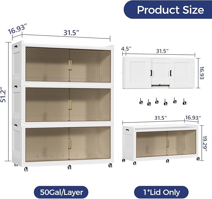 150GAL Extra Large Storage Bins with Lid, 600QT Collapsible Organizer with Wheels, Stackable Closet Cabinet with Doors, Folding Storage Containers for Home, Office, Kitchen, 3Pack White