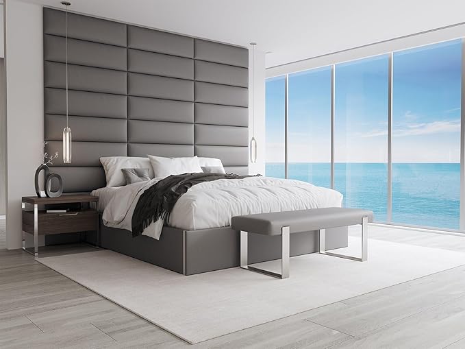 VANT Upholstered Bed Bench - Vintage Leather Grey Pewter - Burnished Brass - Contemporary Modern, Bedroom Bench Seat, Hallway, or Entryway