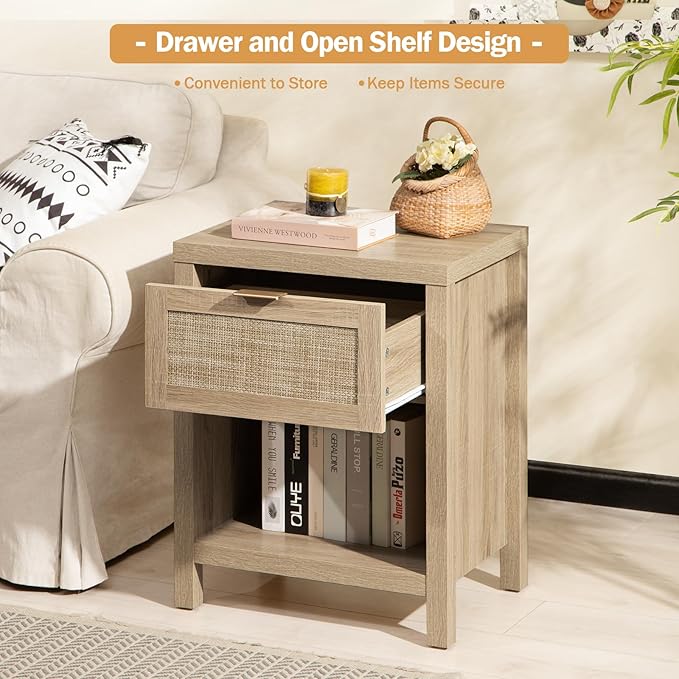 SICOTAS Rattan Night Stands, Farmhouse Nightstand Boho End Side Table Bedside Table with Drawer and Open Shelf for Bedroom, Light Oak
