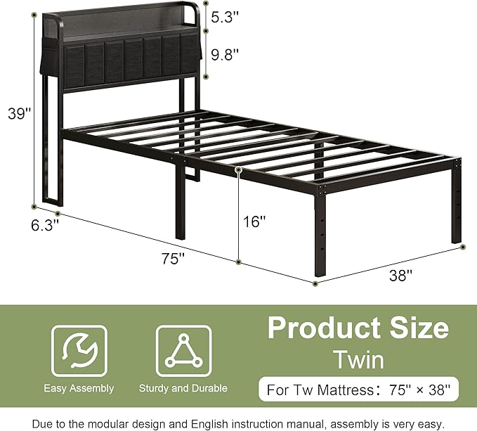 16 Inch Twin Bed Frames with Upholstered Storage Headboard, Sturdy Single Bed Frame, No Box Spring Needed Twin Platform, Black