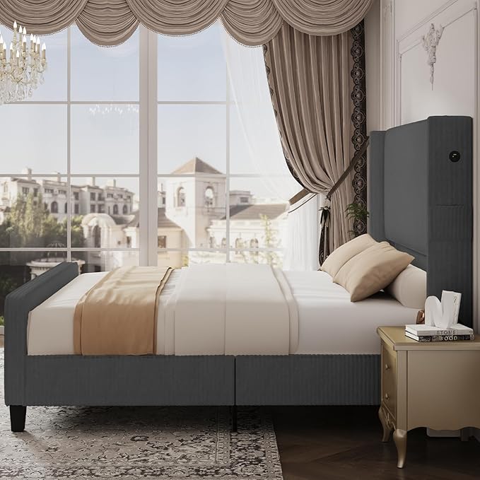 Queen Size Bed Frame with Headboard, Upholstered Platform Bed with Tall Wingback Headboard & Footboard, Corduroy Bed Frames with USB Ports, Easy Assembly, Gray