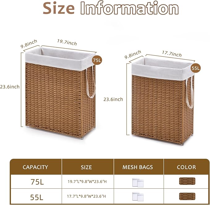 Slim Wicker Laundry Hamper, 75L Handwoven Rattan Basket with Handles, Narrow Laundry Basket with Removable Liner Bag & 2 Mesh Bags