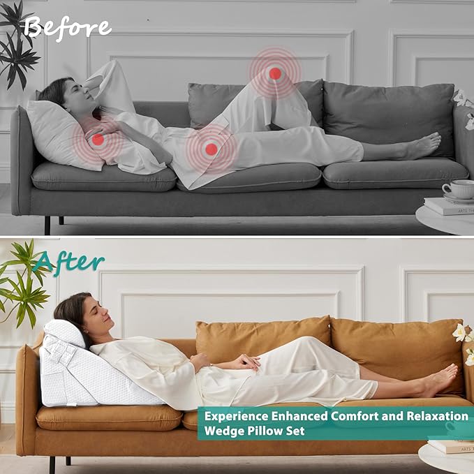 Bedluxe 3Pcs Orthopedic Bed Wedge Pillow Set, Foam Wedge Pillow Post Surgery for Back, Leg and Knee Support, Adjustable 9&12 Inch Folding Triangle Pillow for Sleeping, Acid Reflux, Snoring, White