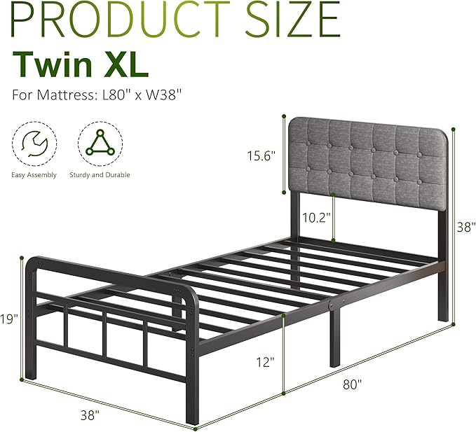 12 Inch Twin XL Bed Frames with Upholstered Headboard and Metal Footboard, No Box Spring Needed, Heavy Duty XL Twin Metal Mattress Foundation, Noise Free, Easy Assembly