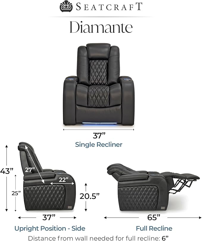 Seatcraft Diamante Zero-Gravity CoolZero Italian Leather Home Theater Seating, Power Headrest, Power Recline, Single Recliner, Black