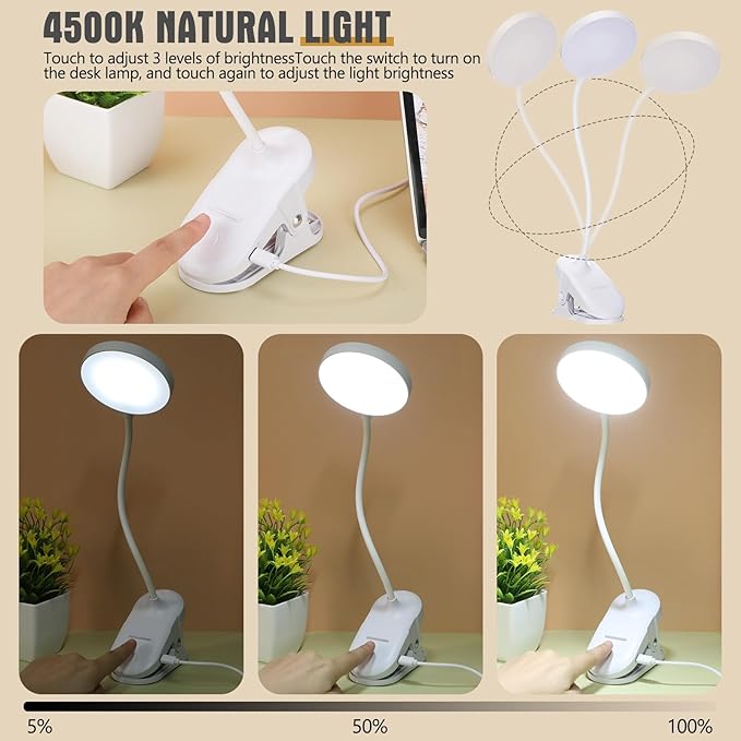 Retisee 12 Pcs Clip on Lamp Bulk LED Reading Light Book Lamp Clamp for Bed with 3 Brightness Level Night Light Clip on for Desk, Bed Headboard, USB Plug-in Style