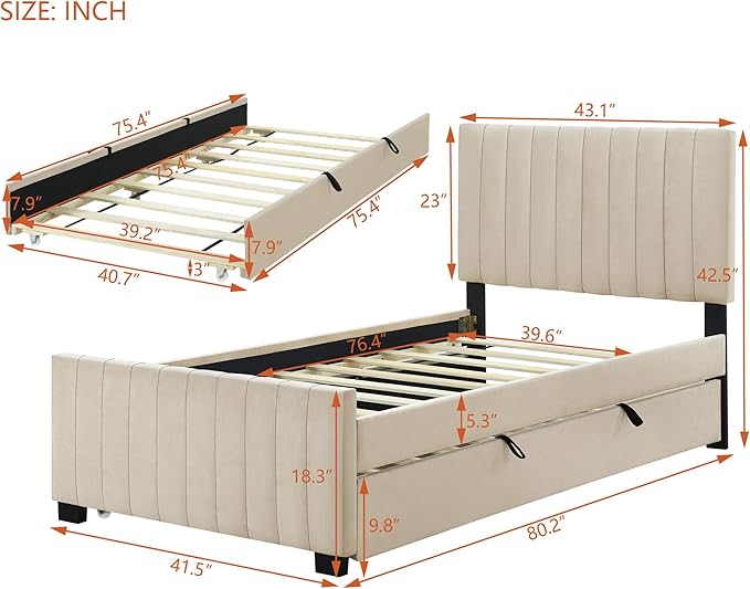 Twin Size Bed Frame with Trundle Bed,Velvet Upholstered Bed Frame,Twin Size Trundle Bed with Headboard,Upholstered Platform Bed Twin for Kids Teens Adults(Beige)