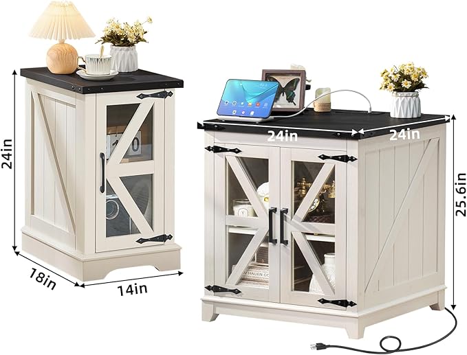 Farmhouse End Table Set 3, Narrow 18'' Night Stand with Glass Barn Door, 24" Square Side Table with Charger Station, Living Room Furniture Sets, Wood Nightstand Bedside Tables for Bedroom