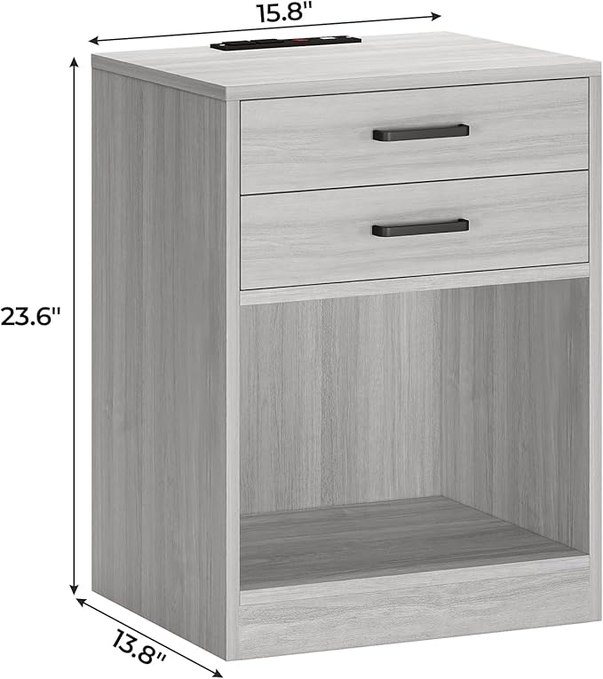 ADORNEVE Nightstands Set of 2,Grey Nightstand with Charging Station & Drawers,Night Stands for Bedrooms Set of 2