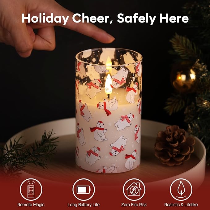 Eywamage Christmas Glass Flameless Pillar Candles with Remote, Flickering LED Battery Candles Bear Holiday Winter Table Decor Gift Set of 3