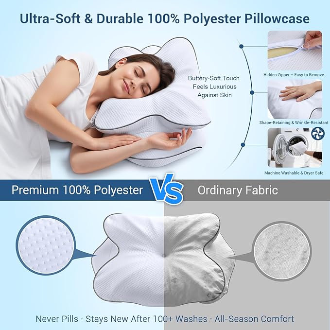 Memory Foam Cervical Pillow for Neck Support & Pain Relief, Butterfly Ergonomic Design – 24×15.75×5.7 Inches, Removable 100% Polyester Pillowcase, Suitable for Side & Back Sleepers